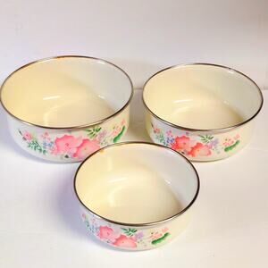 VTG Pink Floral Enameled Metal Nesting Bowls Set of 3 -  7 1/4", 6 3/4", 5 7/8"